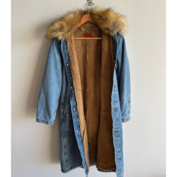 Zara Womens Detachable Faux fur Collar Long Denim Coat Denim Size Small - Picture 15 of 16